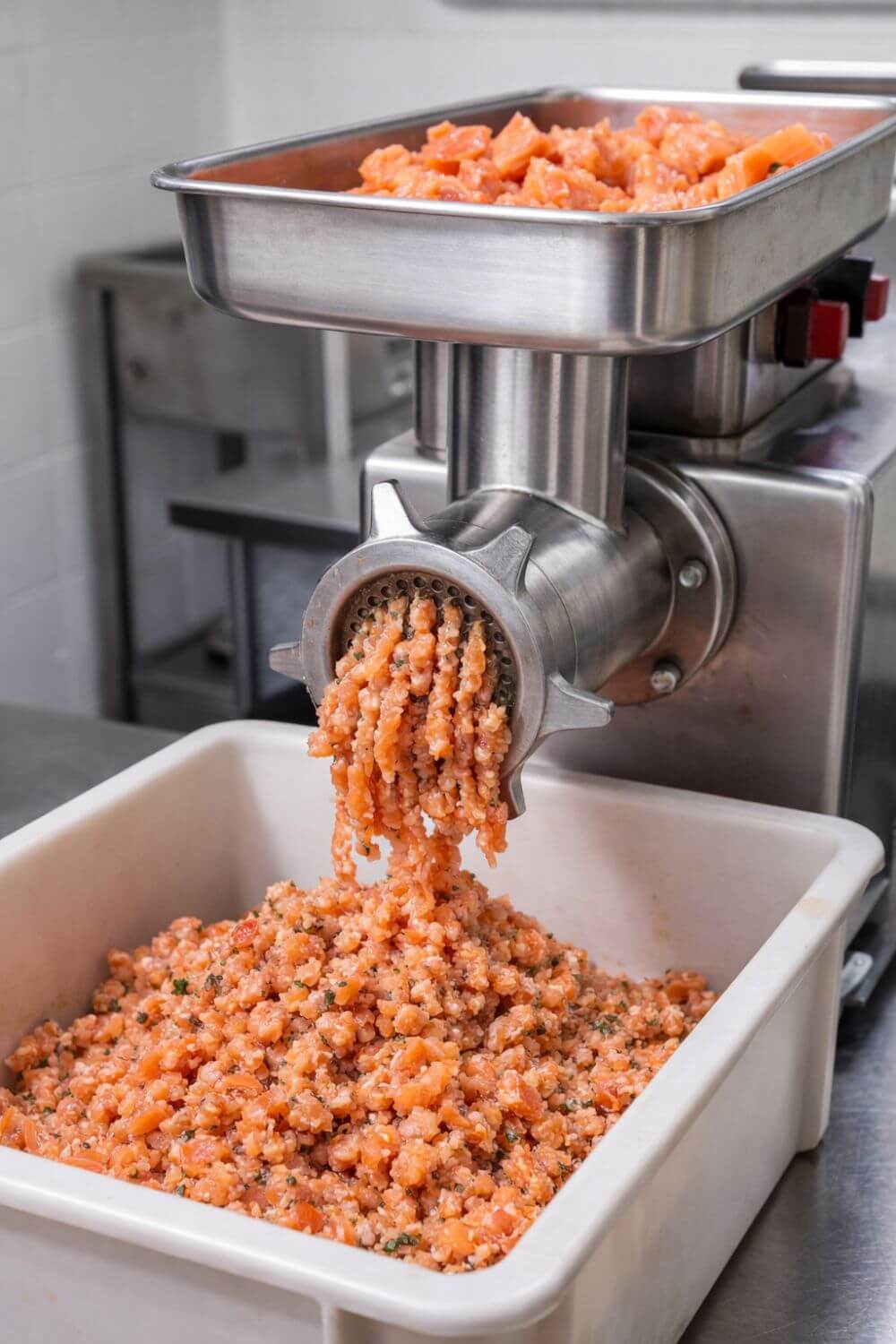 Stainless steel meat grinder with ground salmon being collected in a white container.