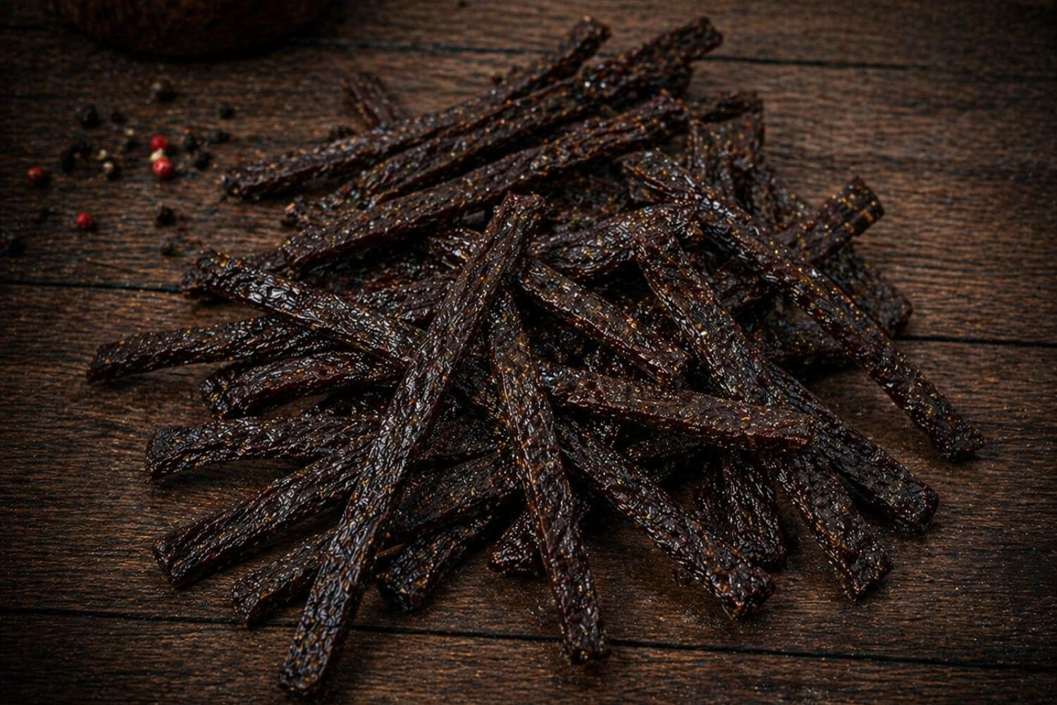 Smoked wild game ground jerky strips arranged in a loose pile showing thin, formed texture