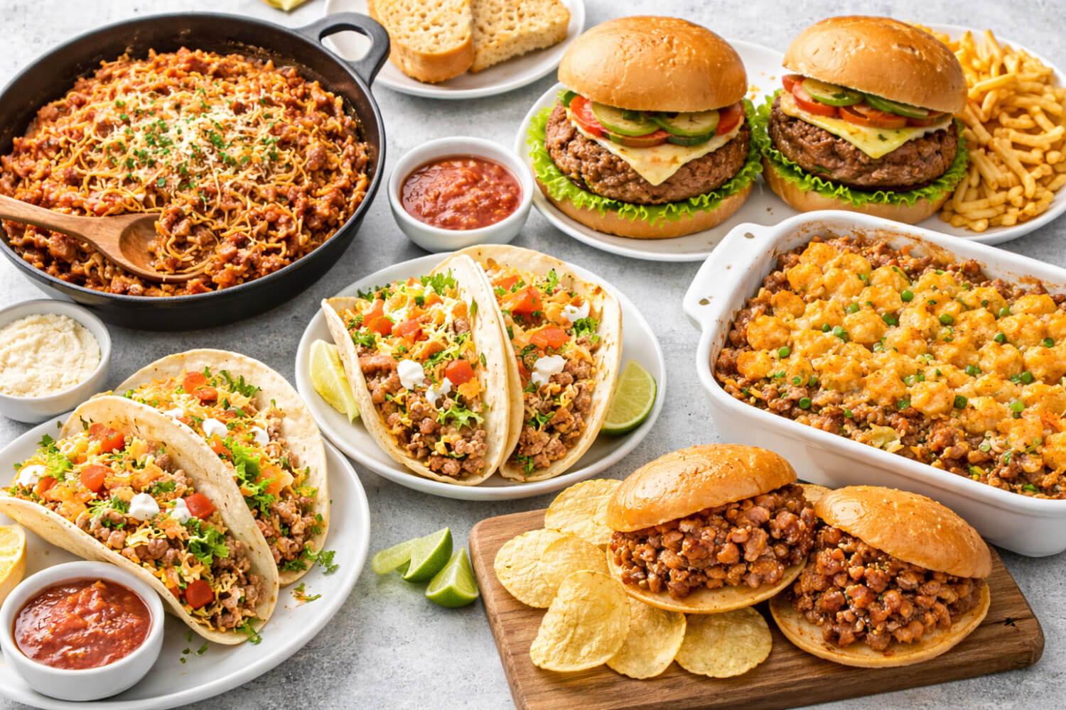Assorted food items including burgers, tacos, and casseroles on a table.