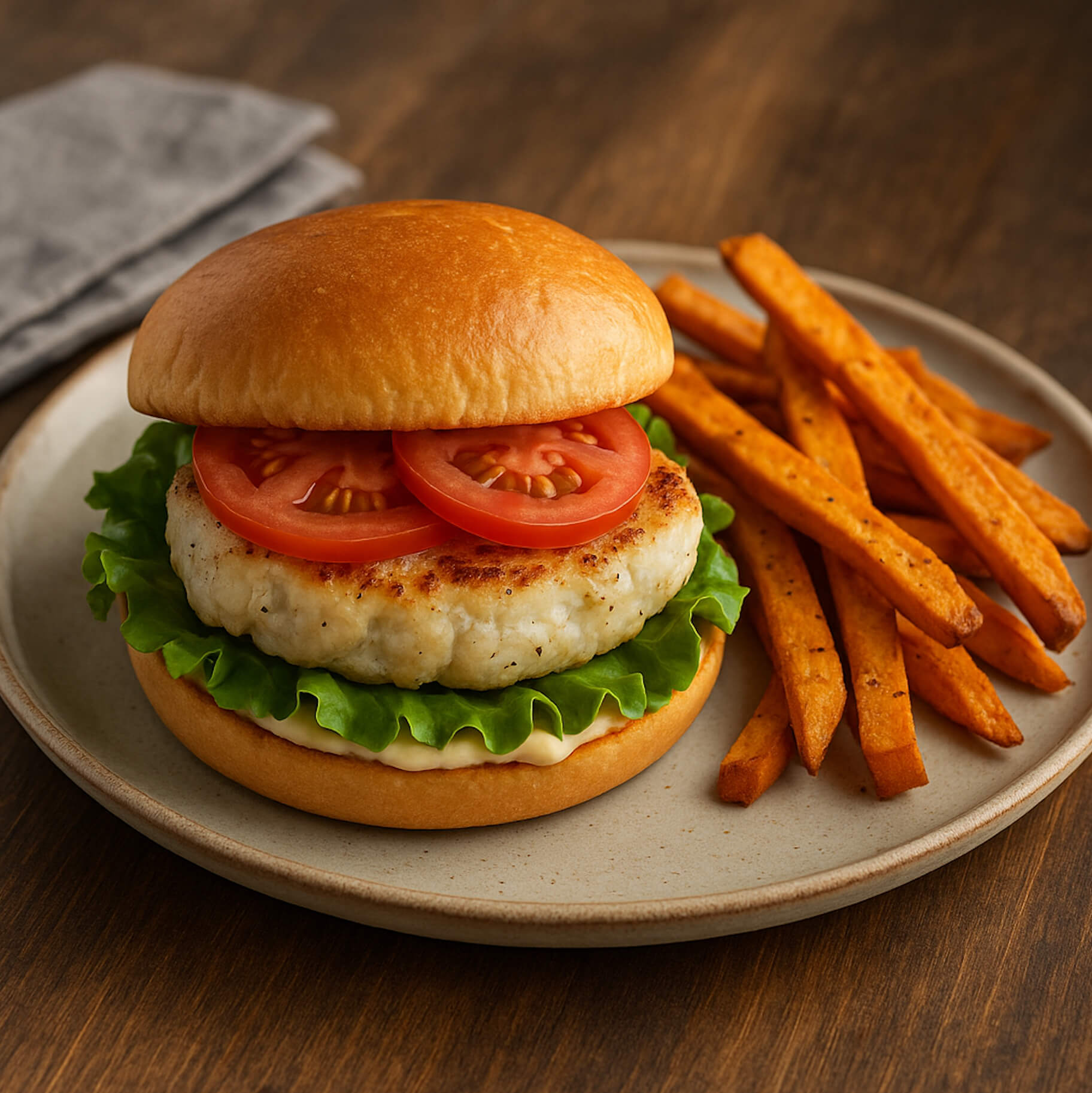 Halibut burger with lettuce and tomato on a bun, served with sweet potato fries on a plate.
