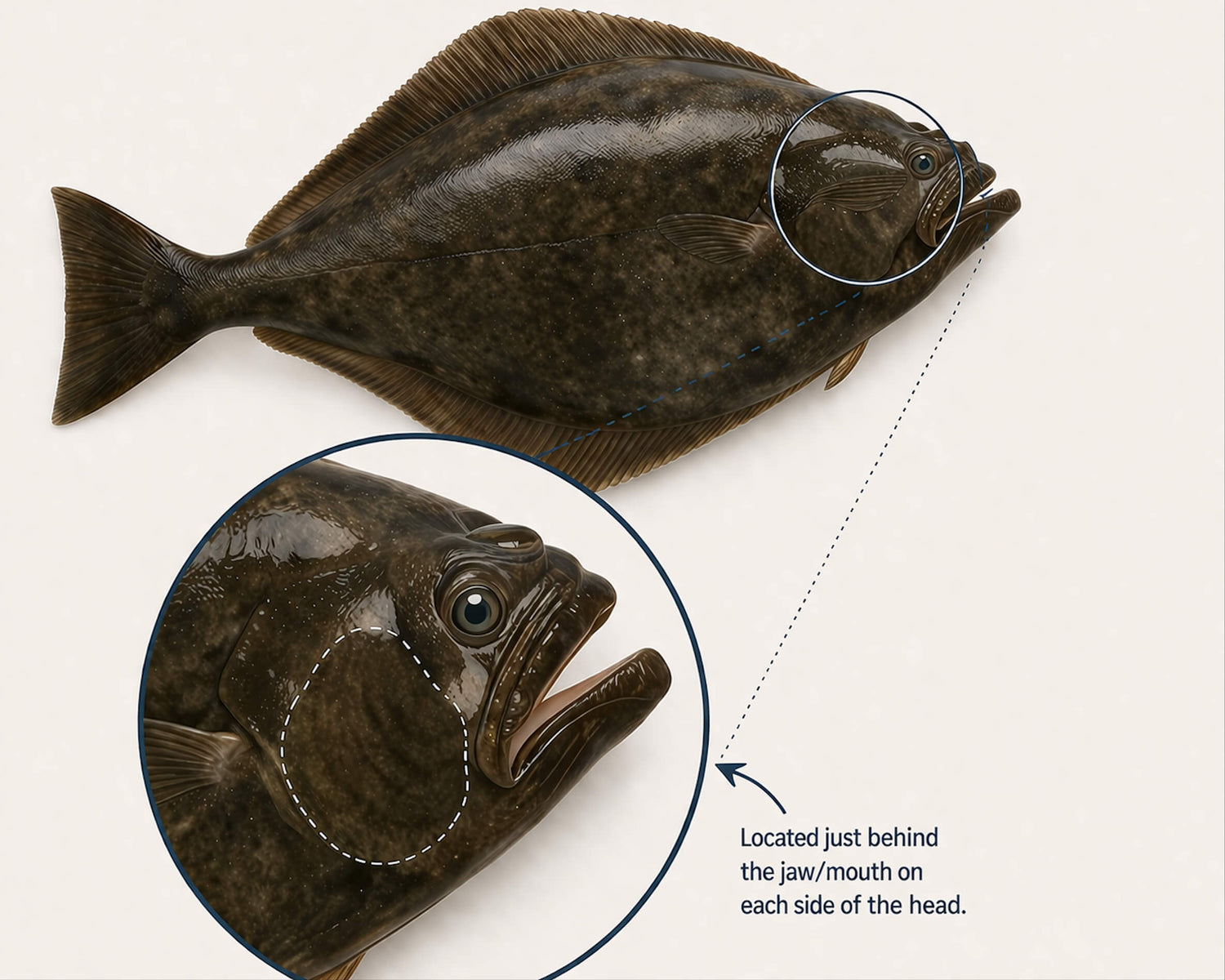 Diagram of a halibut showing the cheek location just behind the jaw near the mouth and eye
