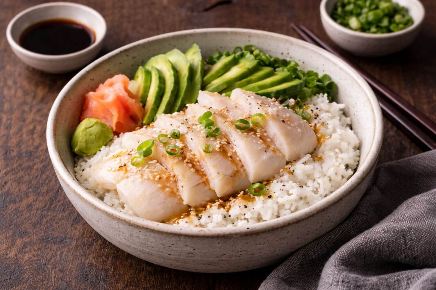 Halibut sushi bowl with sliced raw halibut, avocado, cucumber, and seasoned rice in a rustic bowl