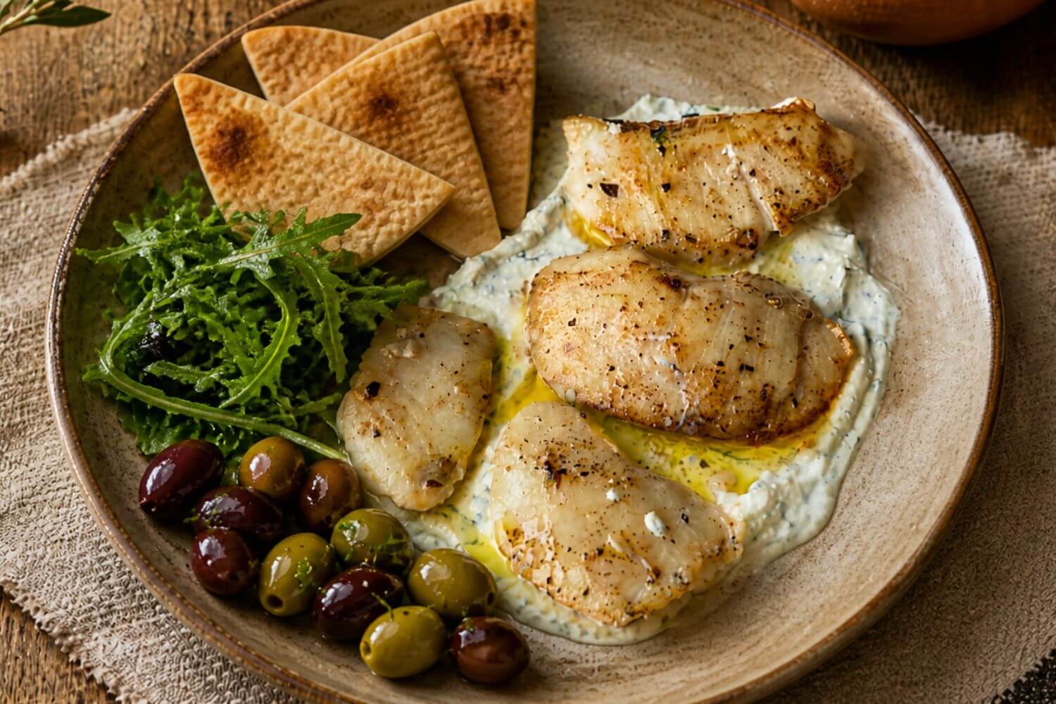 Seared halibut cheeks on herbed cream sauce with lightly dressed arugula, mixed olives, and toasted pita on a rustic ceramic plate.