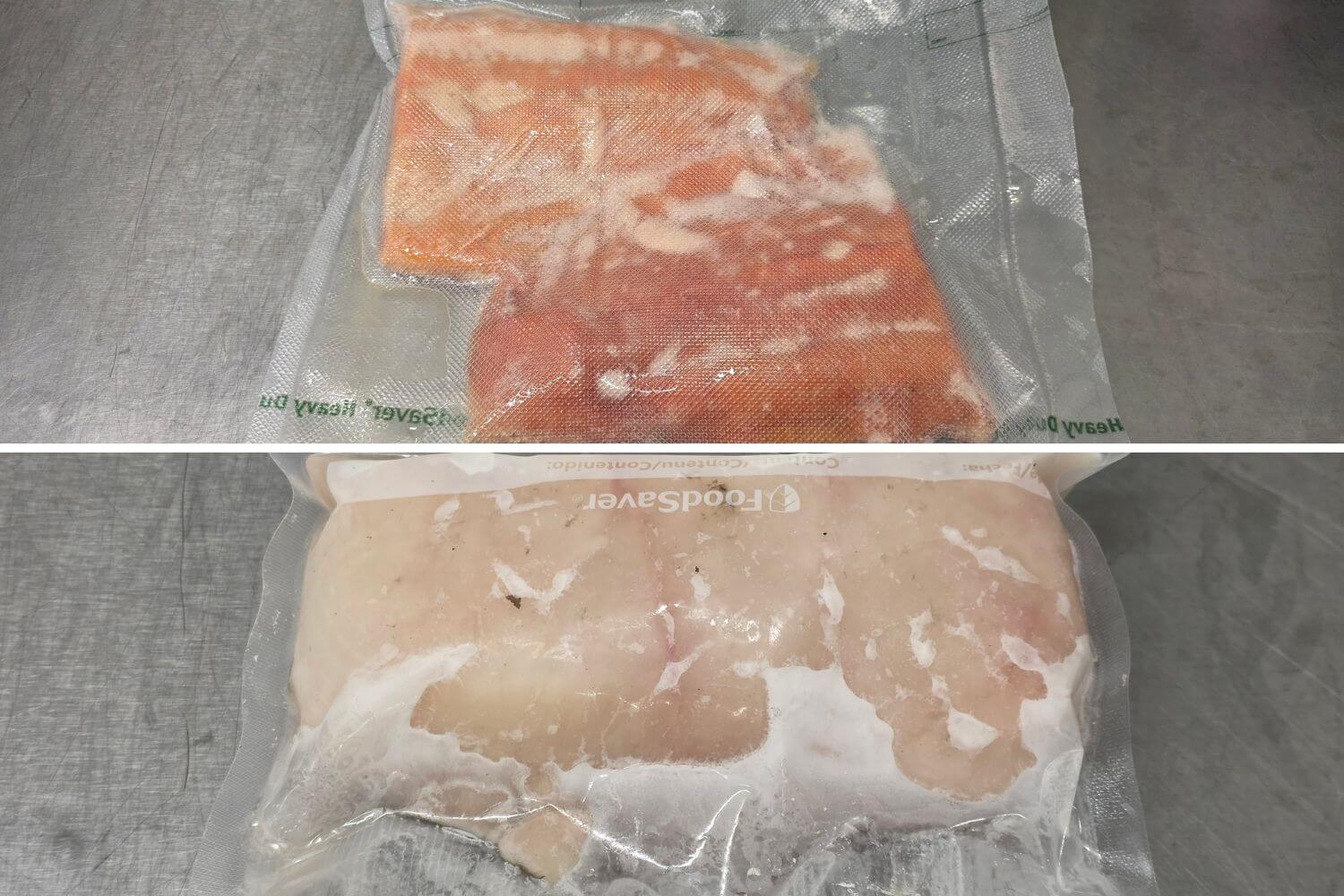 Frozen home-packed portions of wild Alaska fish vacuum sealed for freezer storage and preservation.