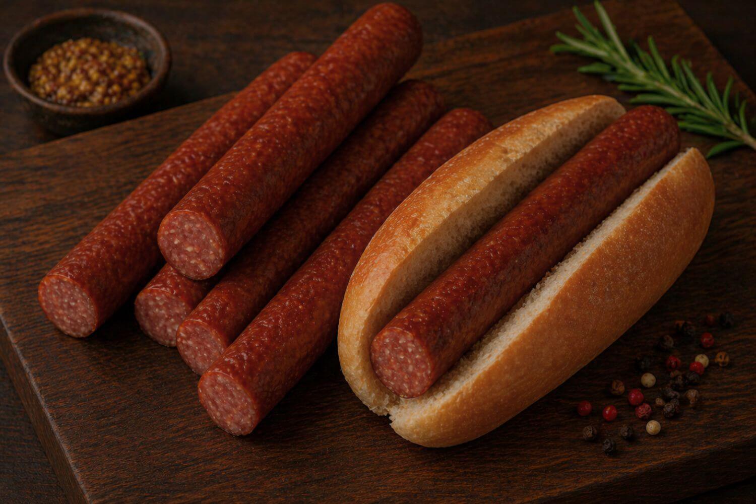 Smoked wild game hot dog-style sticks with a cut end shown, served in a bun on a wooden board