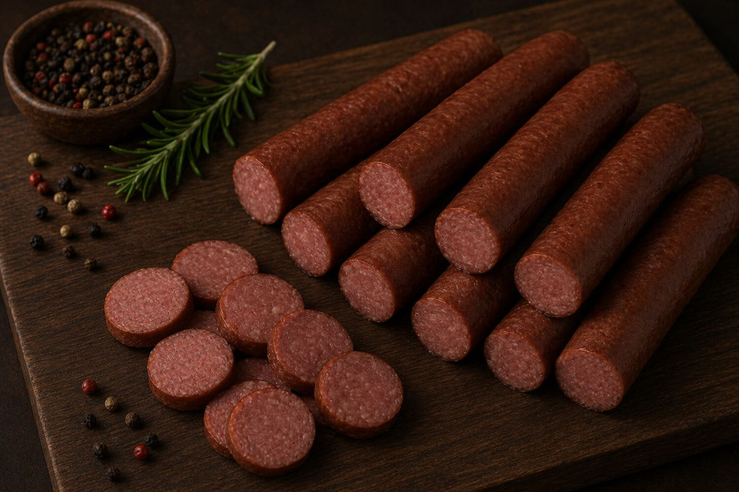 Smoked wild game kielbasa-style links sliced into rounds with whole links on a wooden board