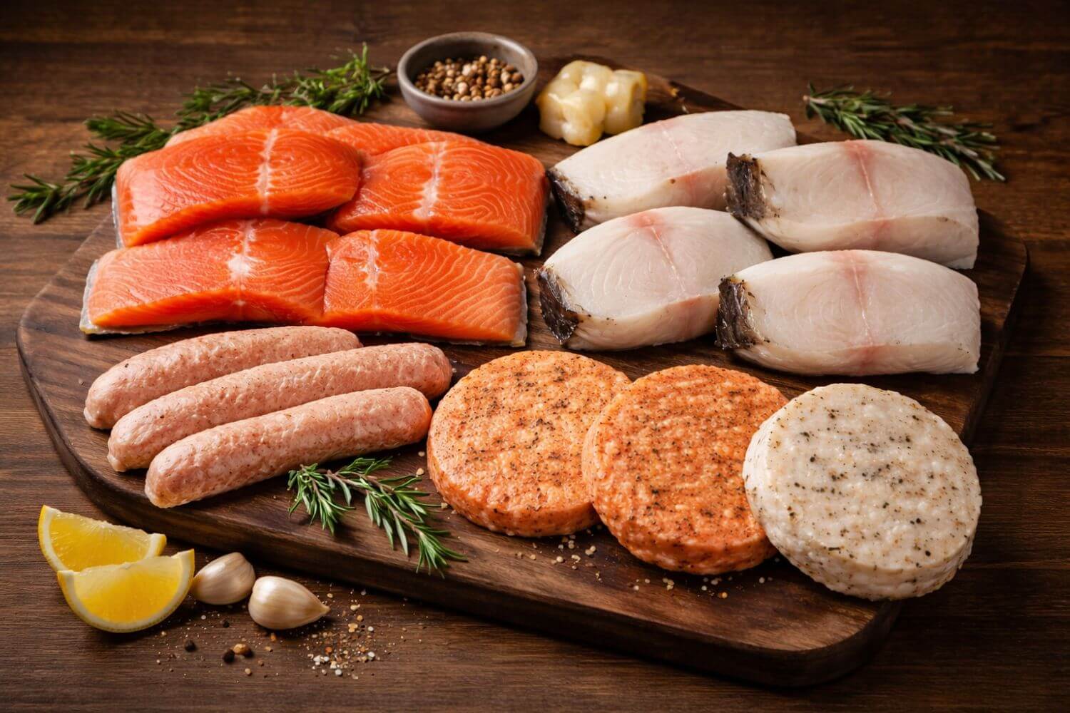 Wild Alaska king salmon, halibut portions, salmon brats, and seafood burgers arranged on a wooden board