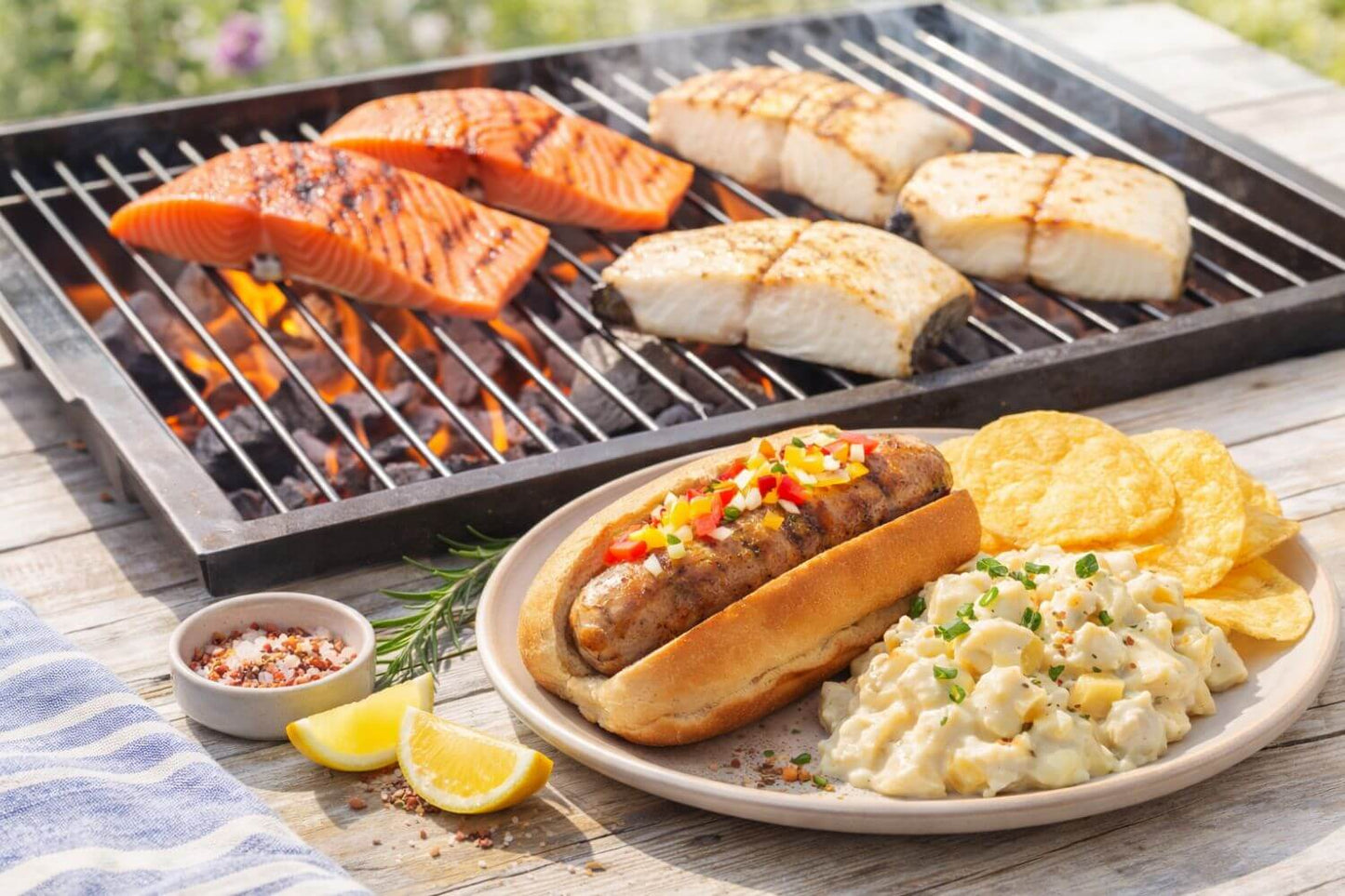 Grilled king salmon and halibut on an outdoor grill with a salmon brat, potato salad, and chips on a plate