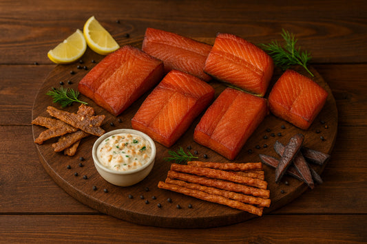 Smoked sockeye chunks, salmon dip, snack sticks, and Alaskan fish jerky arranged on a rustic board.