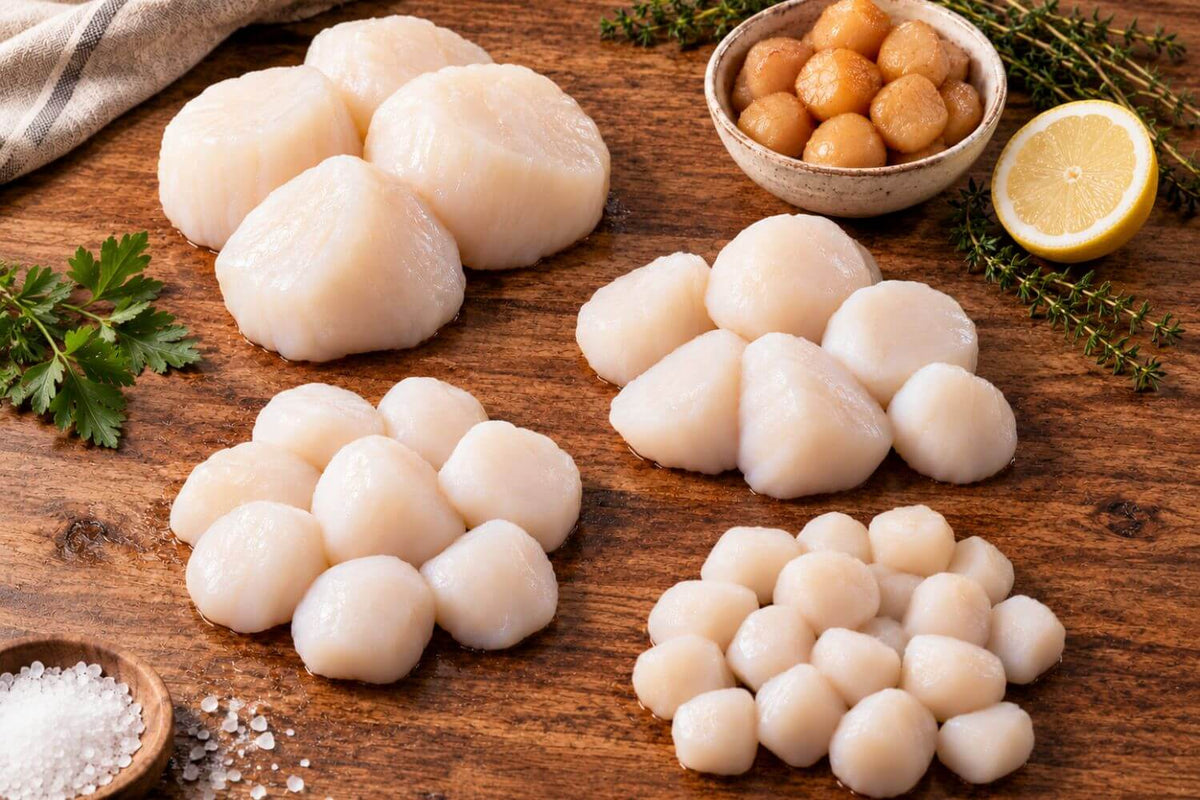 Kodiak Scallop Collection with four sizes of Wild Alaskan Weathervane scallops and house-smoked scallops.