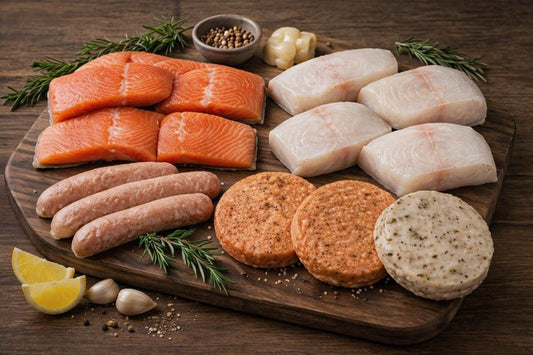Wild Alaska king salmon, halibut portions, salmon brats, and seafood burgers arranged on a wooden board