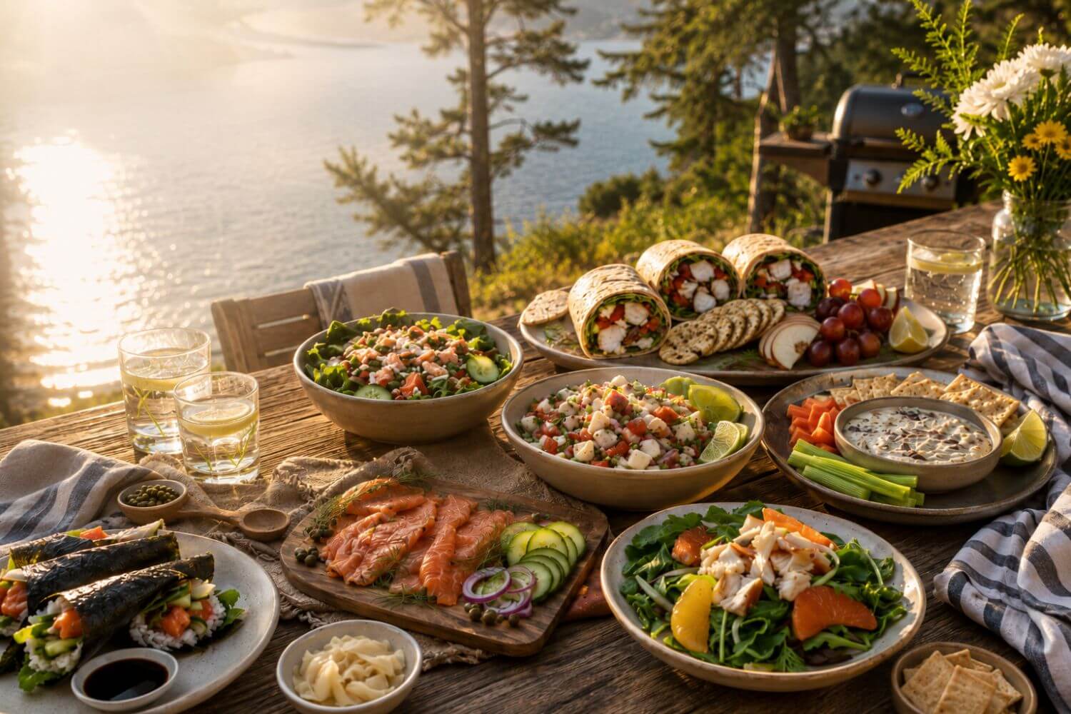 Sunlit outdoor table overlooking the water, spread with smoked salmon, seafood salads, ceviche, wraps, sushi, dip, crackers, and fresh vegetables.