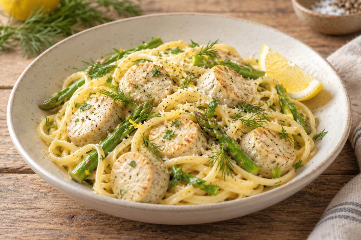 Sliced lingcod whitefish sausage links served in a lemon herb pasta with asparagus, grated cheese, and a lemon wedge in a rustic bowl.