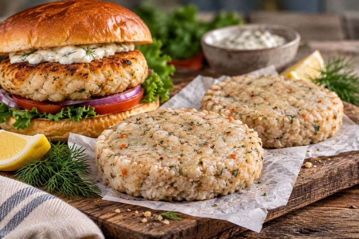 Wild Alaska lingcod whitefish burger patties with a cooked burger on a bun with dill sauce, lettuce, tomato, and onion.