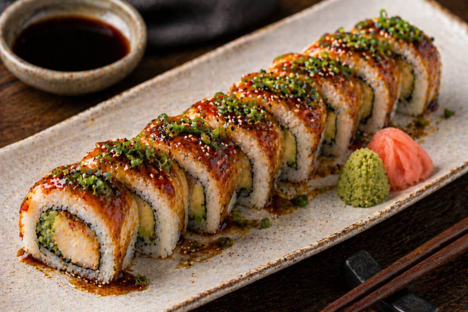Miso glazed black cod sushi roll topped with sesame seeds and green onions on a light ceramic plate with soy sauce