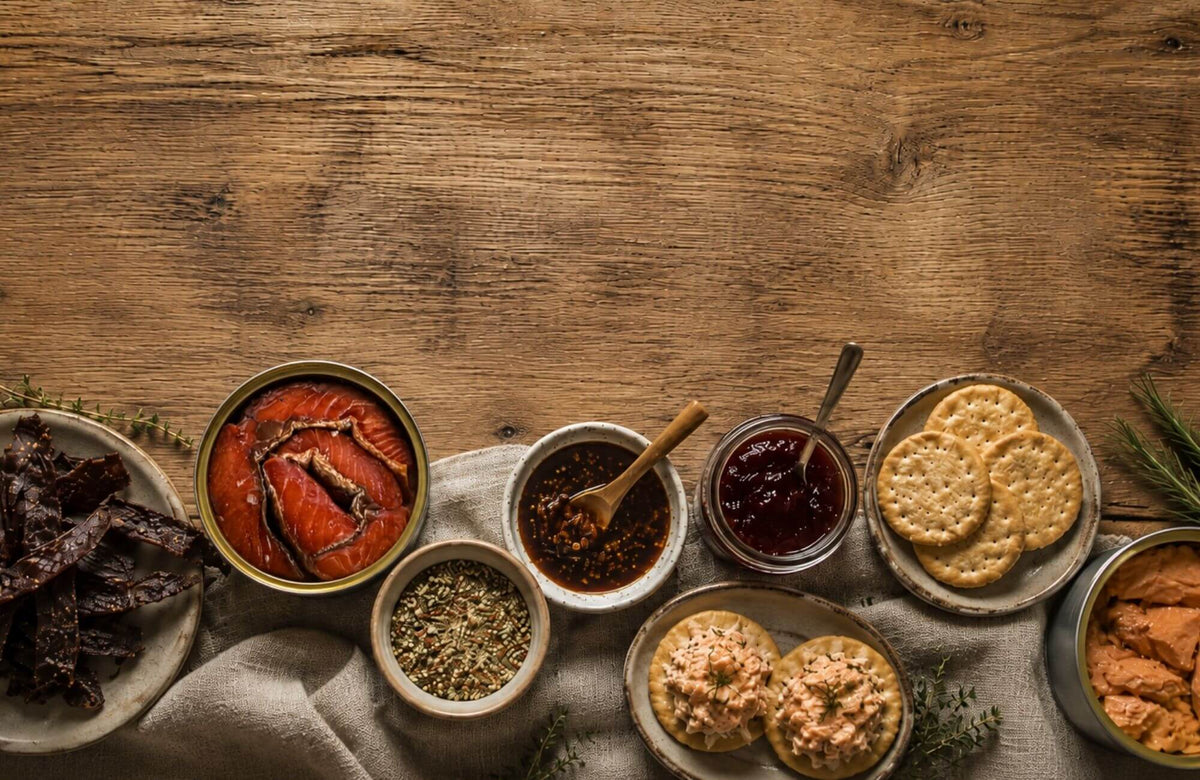 Shelf-stable Alaska pantry spread with smoked salmon, salmon salad crackers, jerky, seasoning, sauce, preserves, and crackers on a rustic wood table.