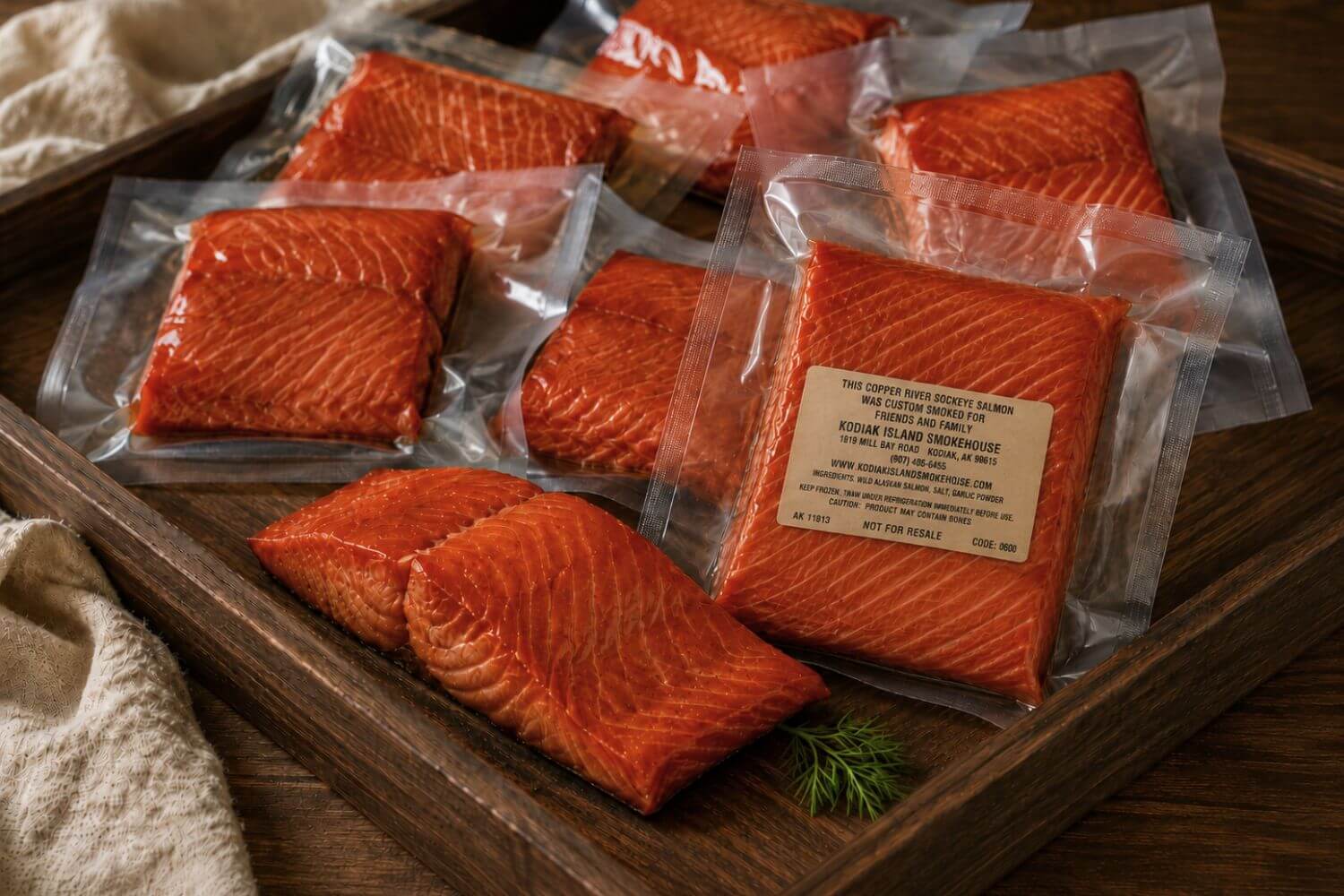 Custom-smoked Copper River sockeye salmon gift pack with individually vacuum-sealed portions, a personalized label, and smoked salmon displayed in a wooden tray.