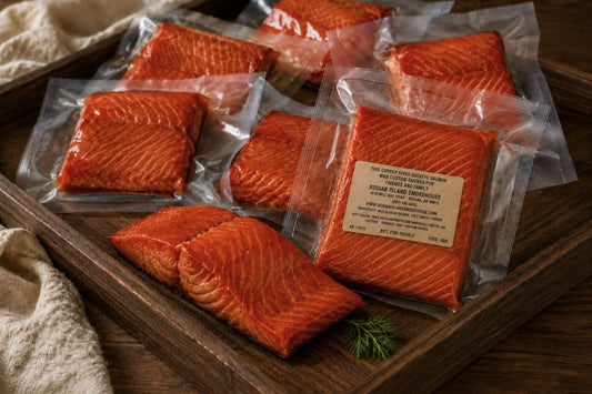Custom-smoked Copper River sockeye salmon gift pack with individually vacuum-sealed portions, a personalized label, and smoked salmon displayed in a wooden tray.