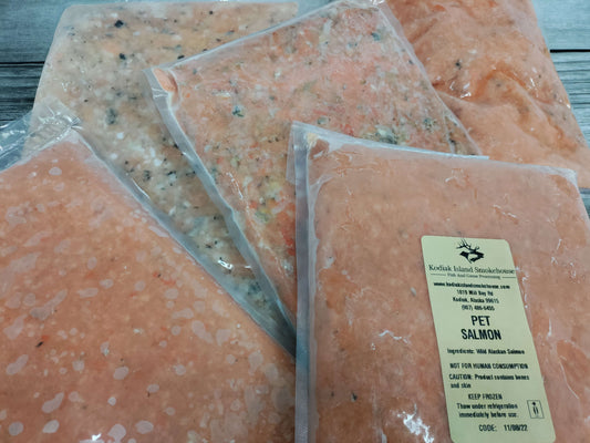 Frozen bags of ground wild Alaskan pet salmon.