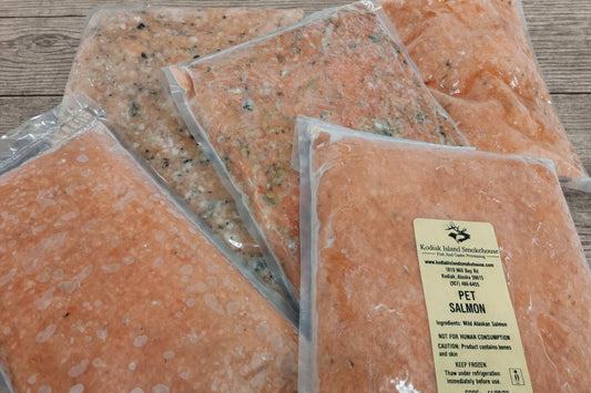 Frozen bags of ground wild Alaskan pet salmon.