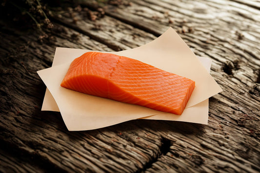 Raw King salmon portion on parchment paper in a rustic, Alaska-inspired food setting.