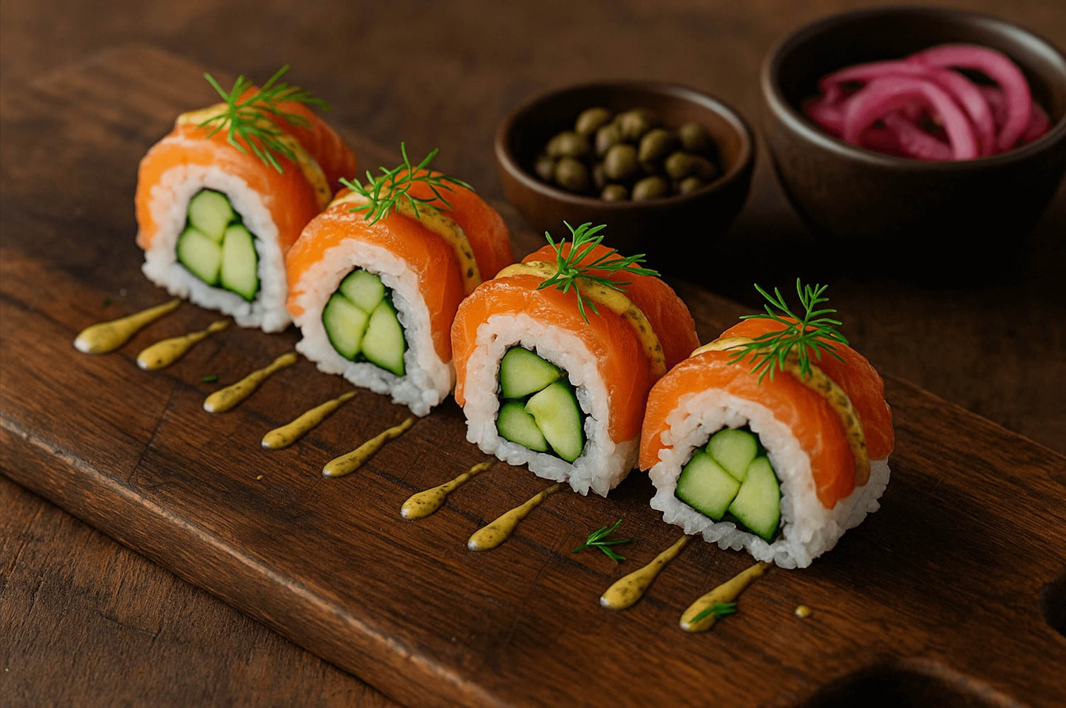 Salmon gravlax sushi roll with cucumber on a wooden board, served with pickled onions and capers