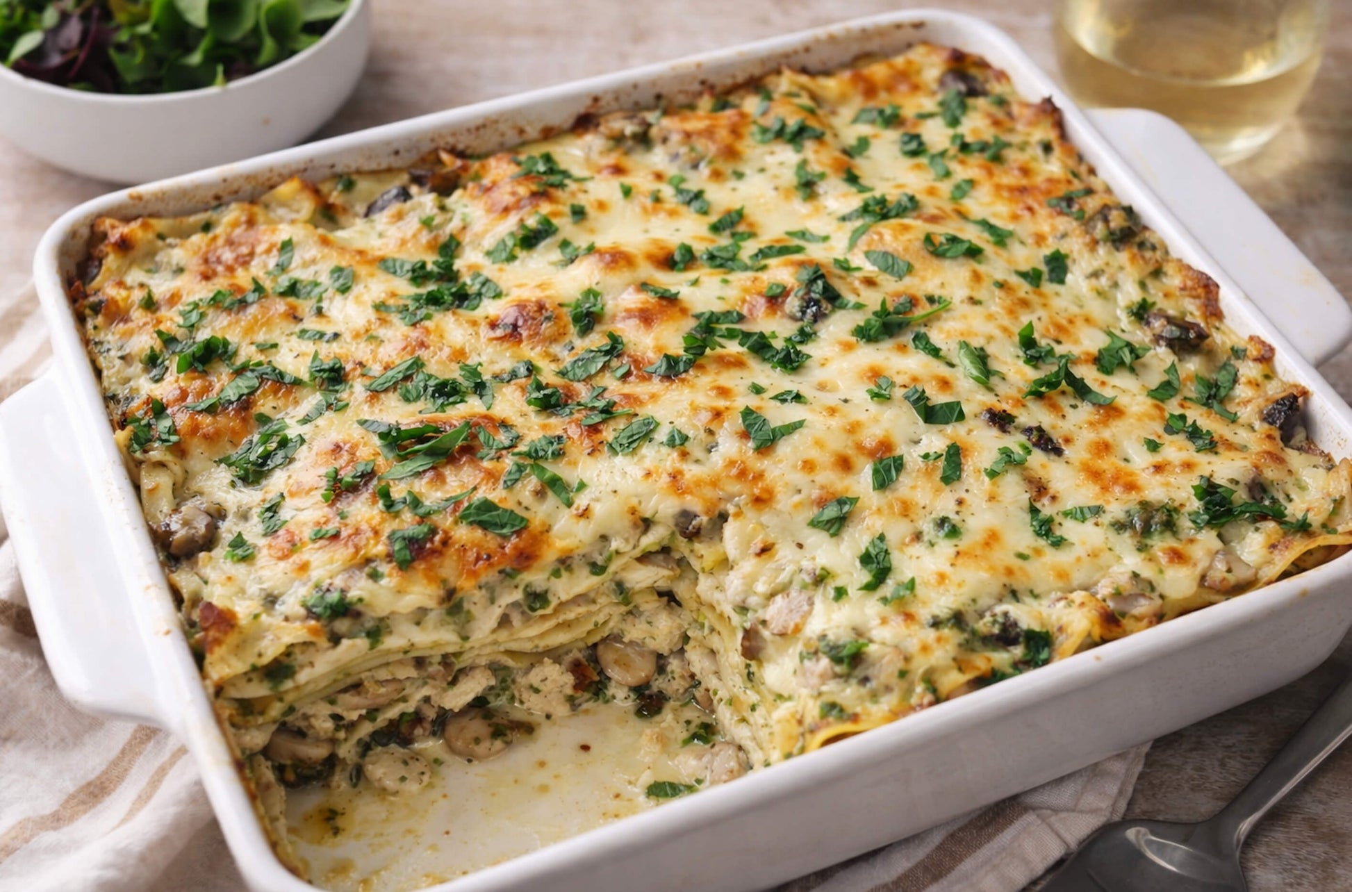 Baked halibut lasagna in a white ceramic baking dish.
