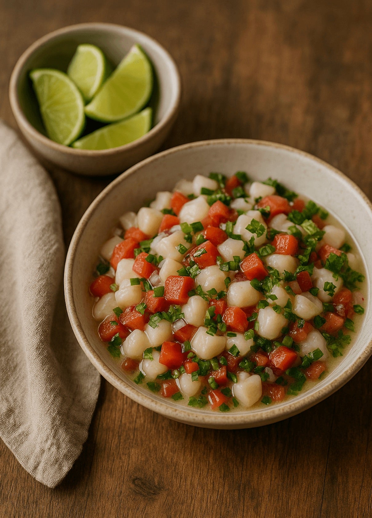 Scallop ceviche with tomatoes and cilantro in a rustic bowl, served with lime wedges