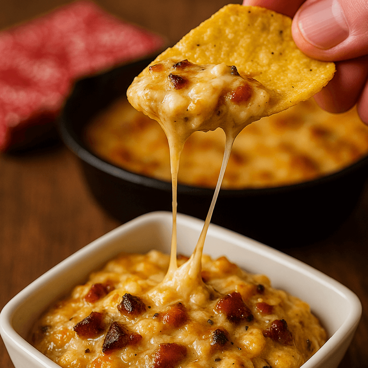 Tortilla chip being dipped into a bowl of cheesy dip with a red napkin in the background.