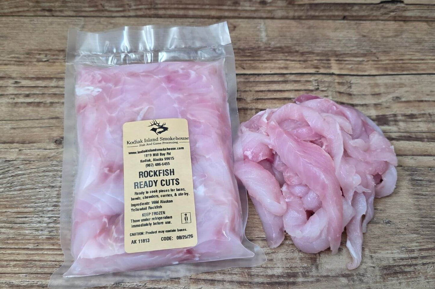 Packaged Rockfish Ready Cuts with loose wild Alaska rockfish strips displayed beside the vacuum-sealed package.