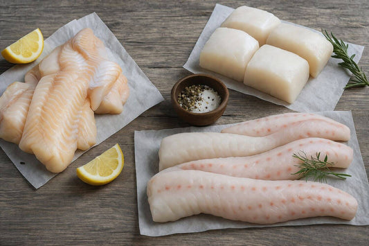 Raw rockfish, lingcod, and cod on parchment paper with lemon wedges and herbs on a wooden surface