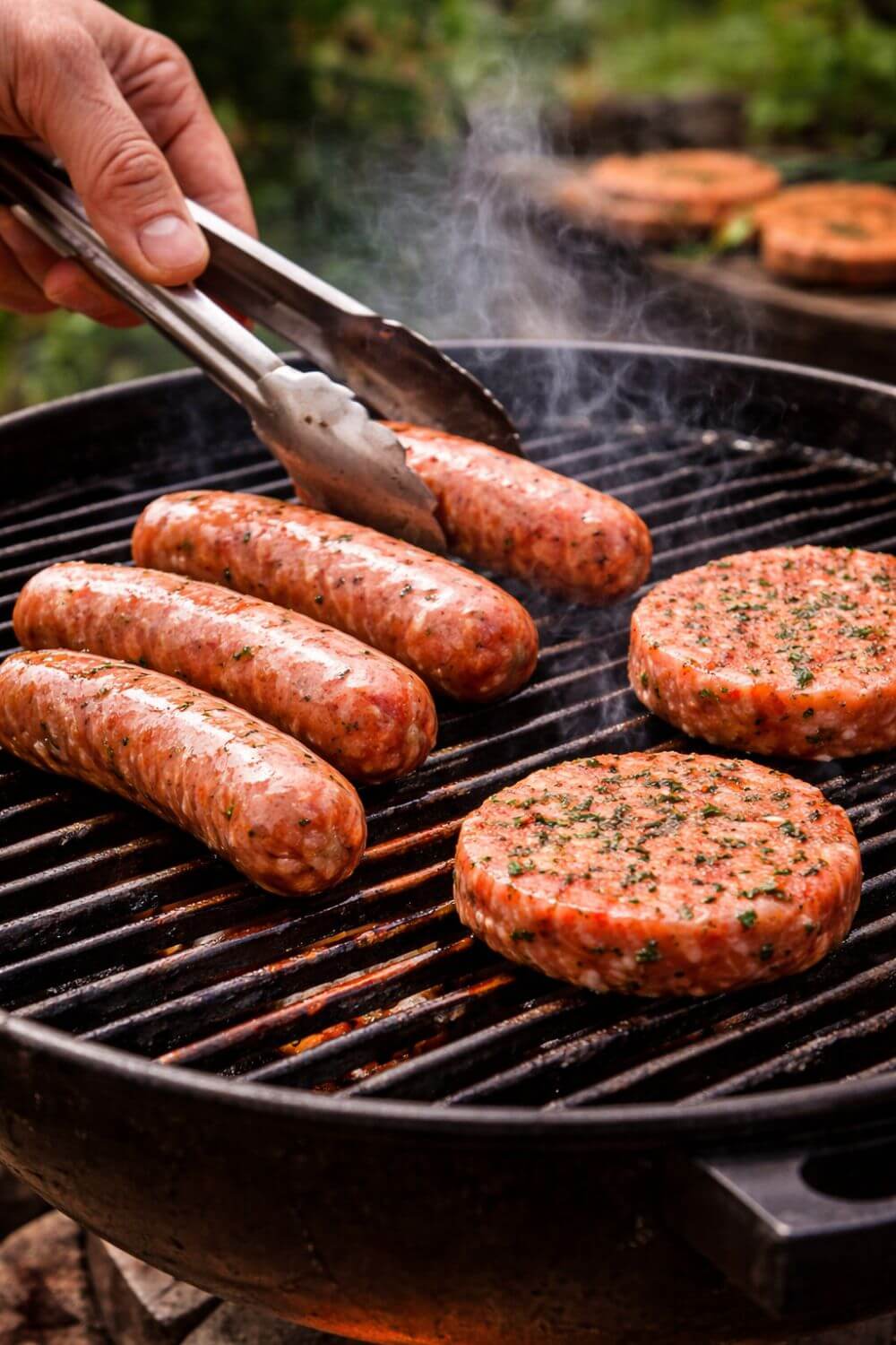 Grilling salmon sausages and salmon burgers on a barbecue with tongs.