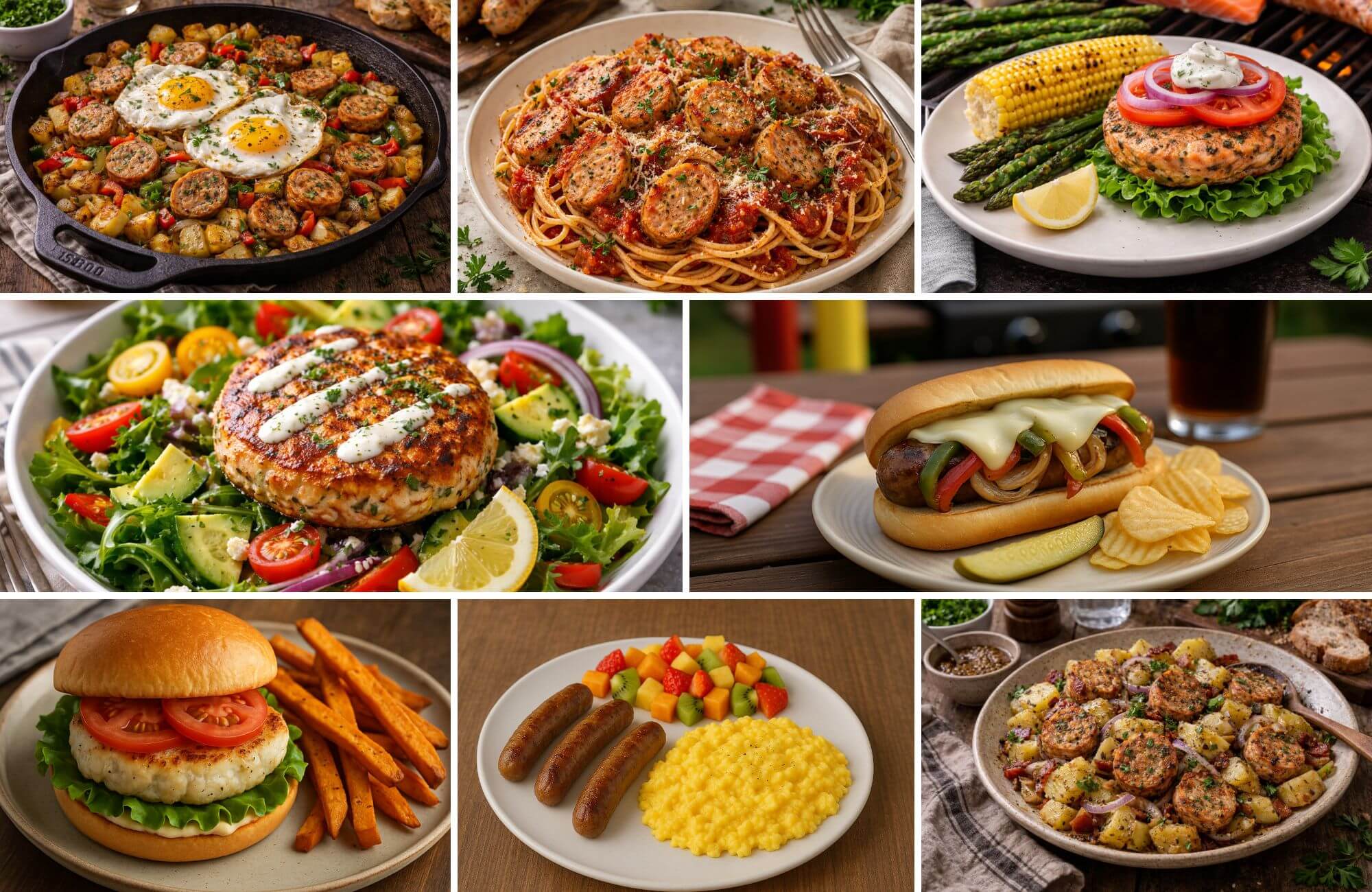 Collage of various food dishes made using salmon sausage-including pasta, burgers, and salads.