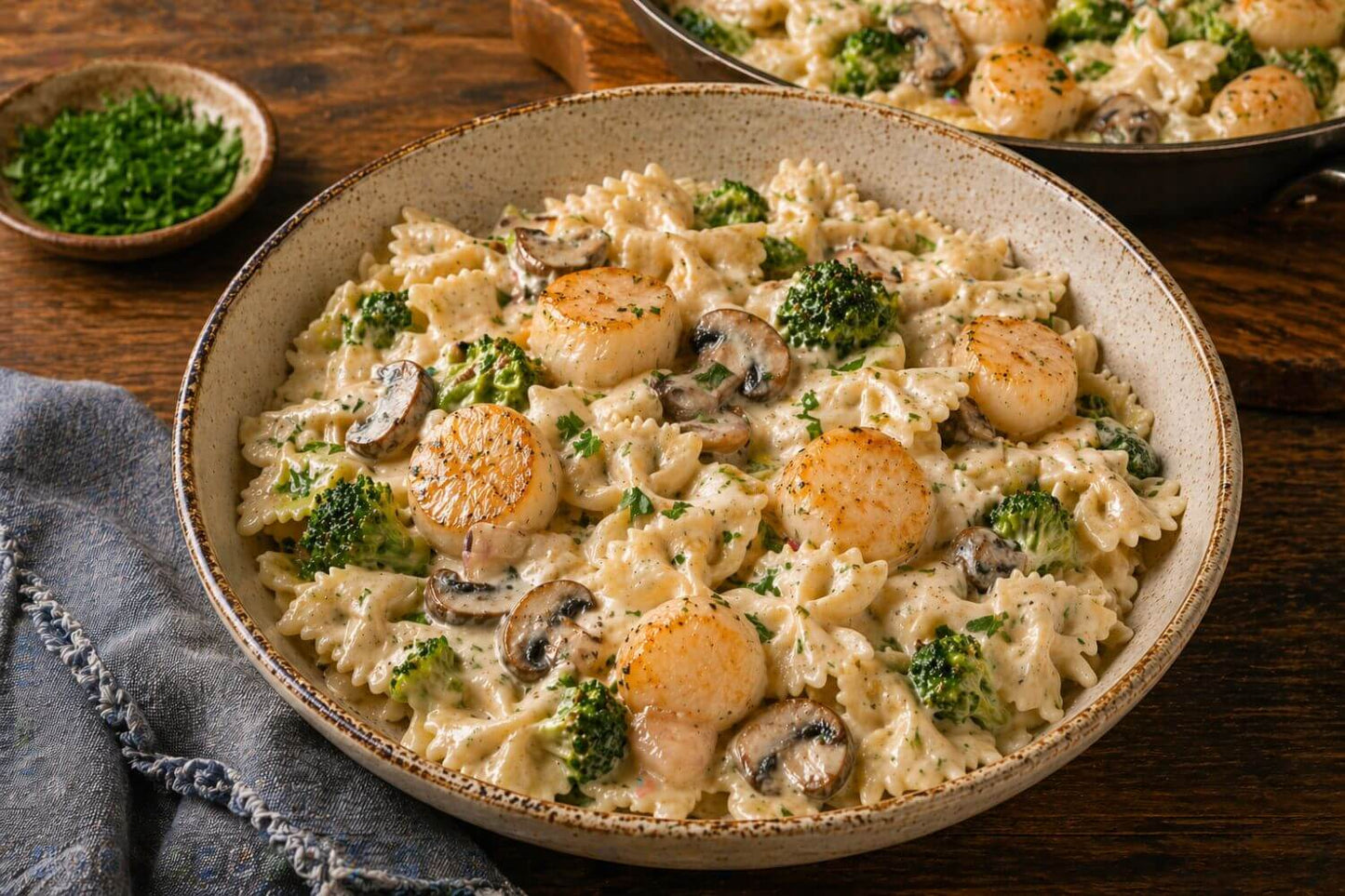 Seared scallop bowtie pasta in a smooth, creamy sauce with mushrooms and broccoli, served in a rustic ceramic bowl with a pan of pasta in the background on a wooden table