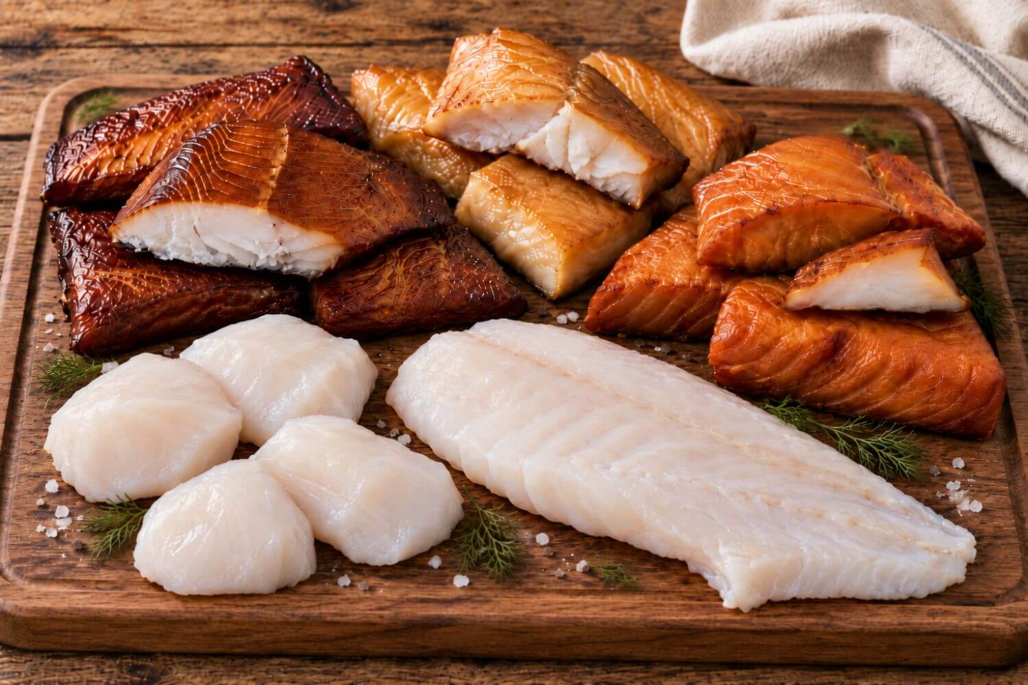 Sea & Smoke gift box display featuring raw halibut cheeks, a raw yelloweye fillet, Maple Miso smoked black cod, smoked halibut, and smoked lingcod arranged on a warm wooden board with scattered sea salt, sprigs of dill, and a cream linen cloth in the background.