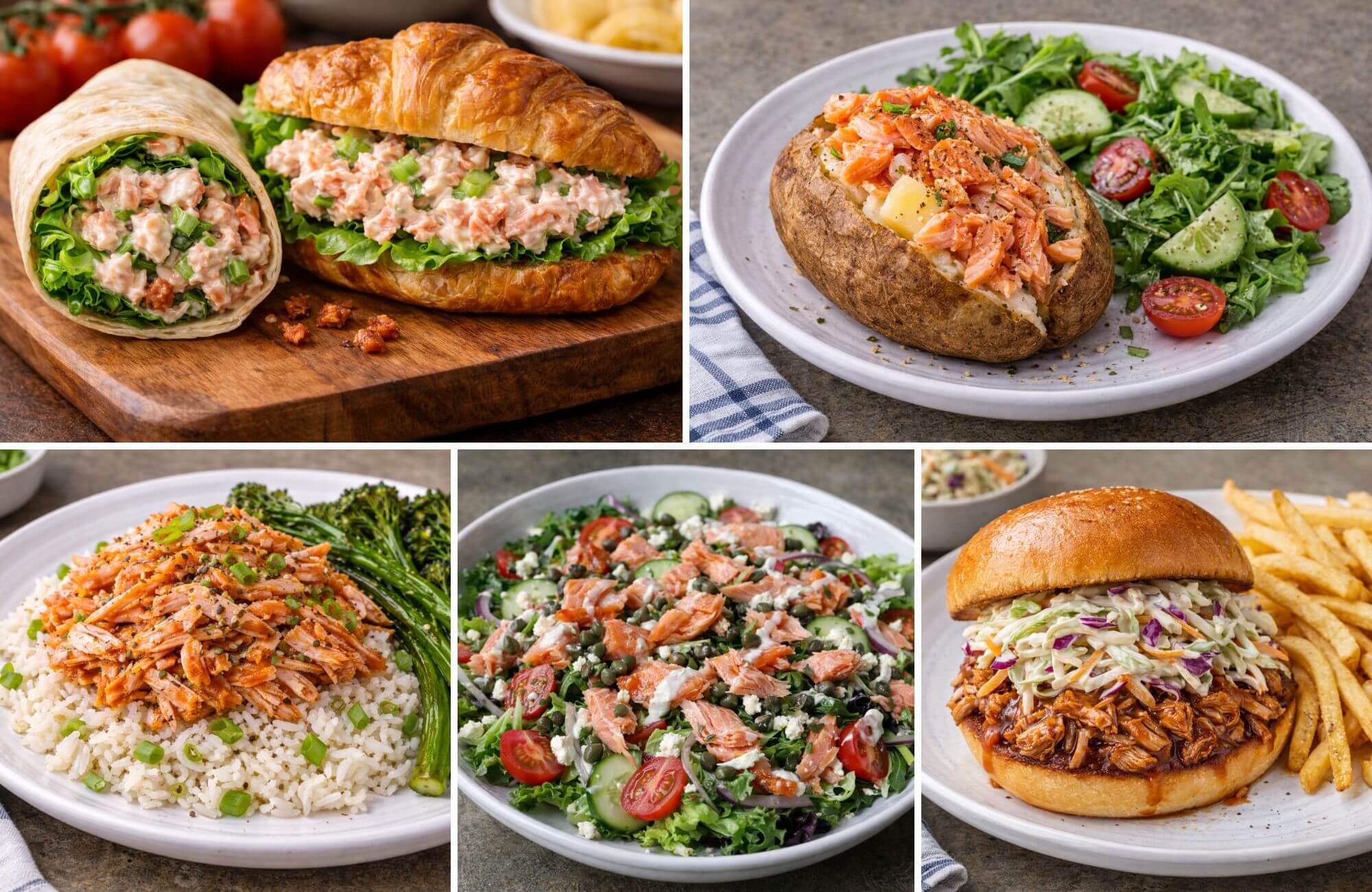 Flaked salmon used in wraps, baked potatoes, rice bowls, salads, and sandwiches as easy ways to repurpose overcooked fish