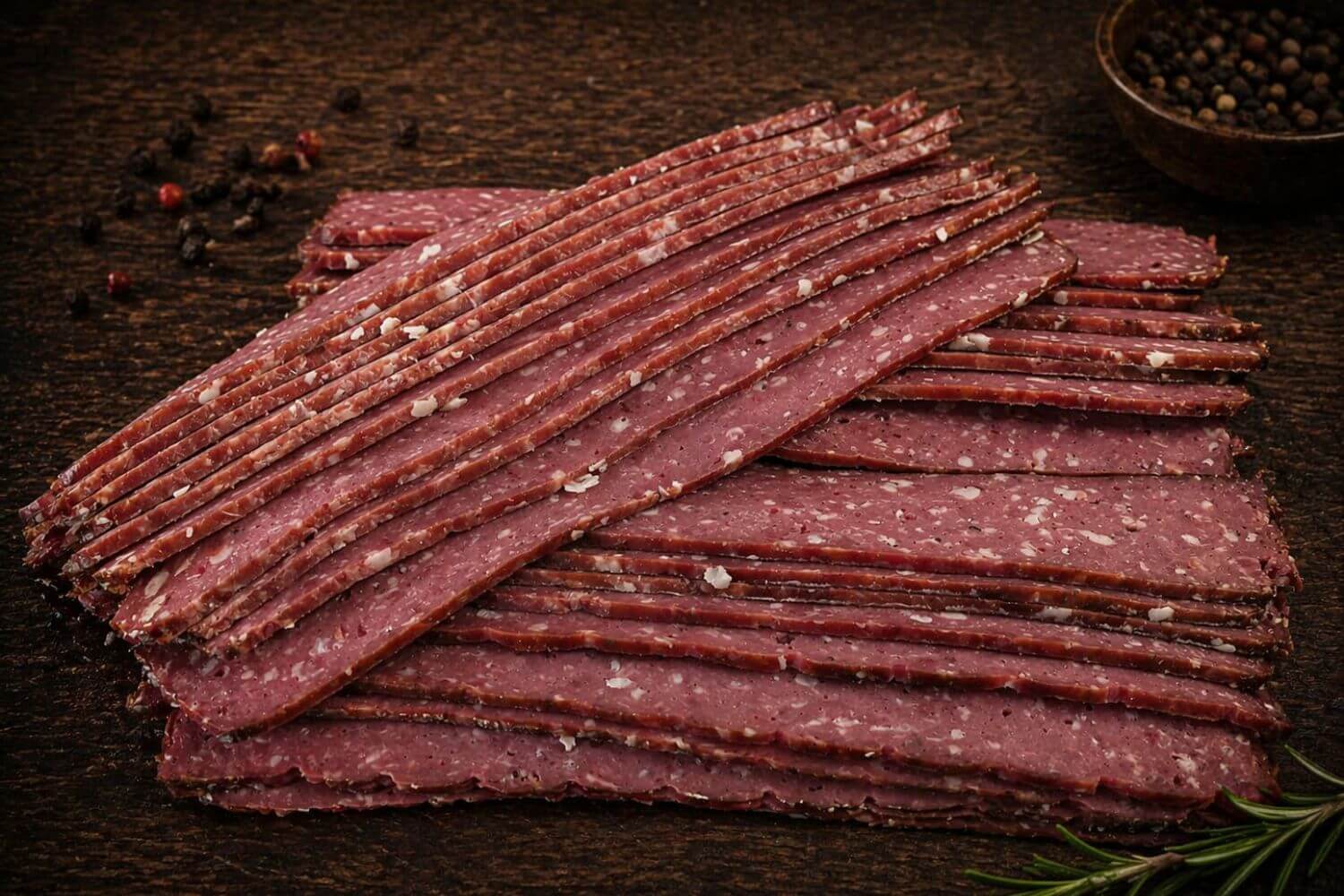 Thick sliced smoked game bacon strips arranged in layers showing rich color and texture