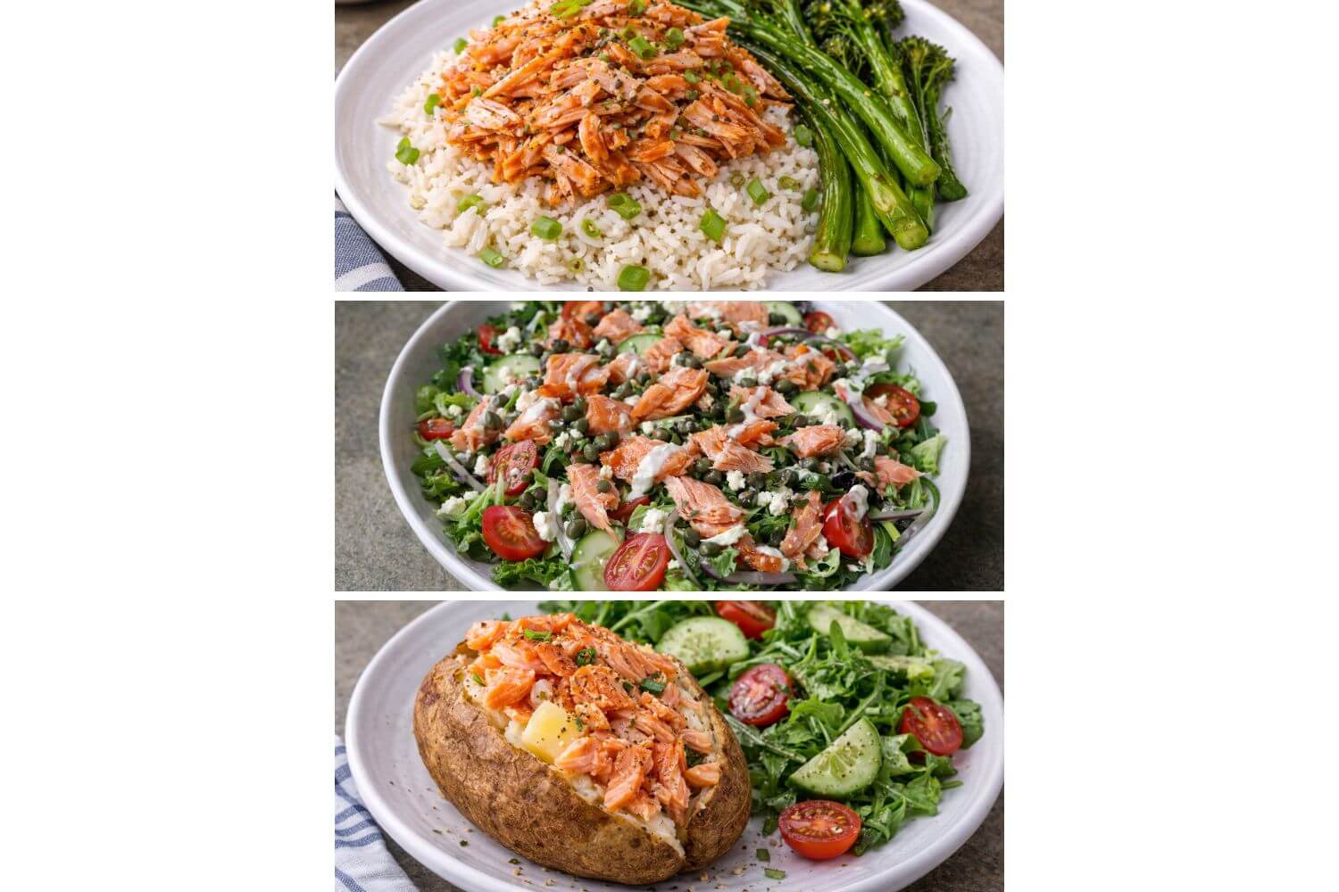 Three plates of food featuring smoked salmon dishes with sides.