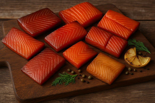 Five species of smoked Alaska salmon arranged on a rustic Kodiak-style board.