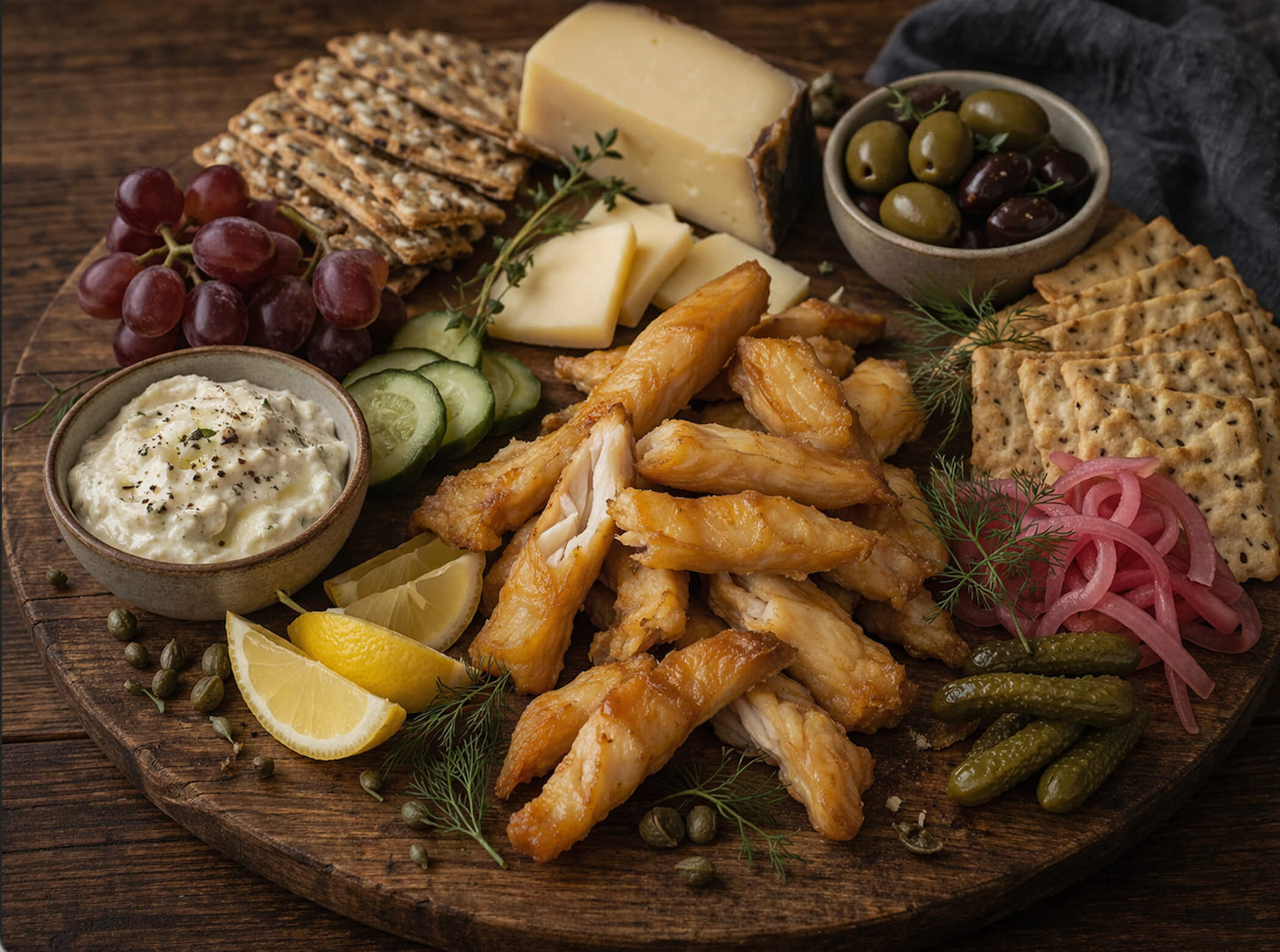 Smoked black cod tenders served on a rustic charcuterie board with dip, cheese, crackers, and other condiments