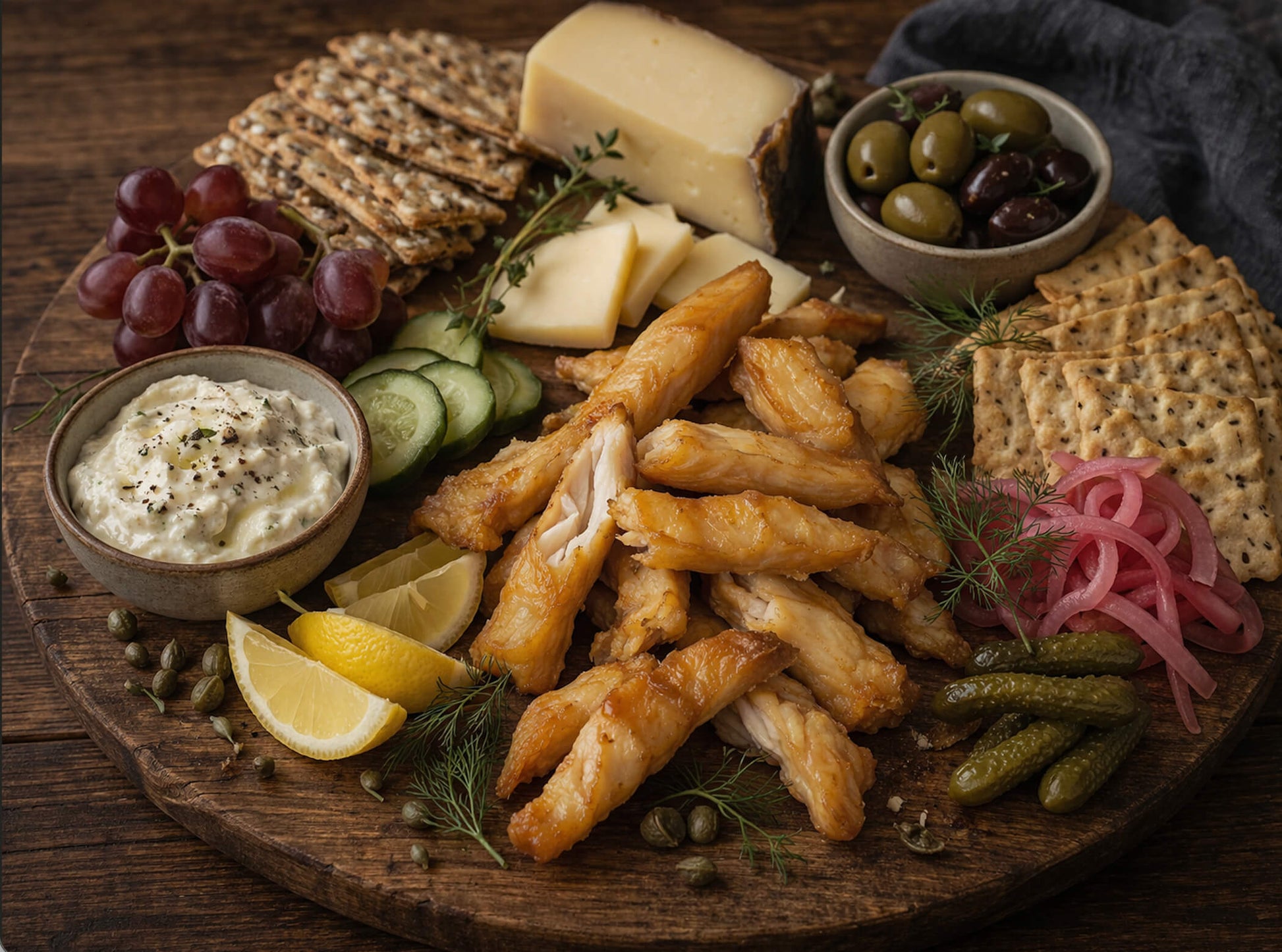 Smoked black cod tenders served on a rustic charcuterie board with dip, cheese, crackers, and other condiments