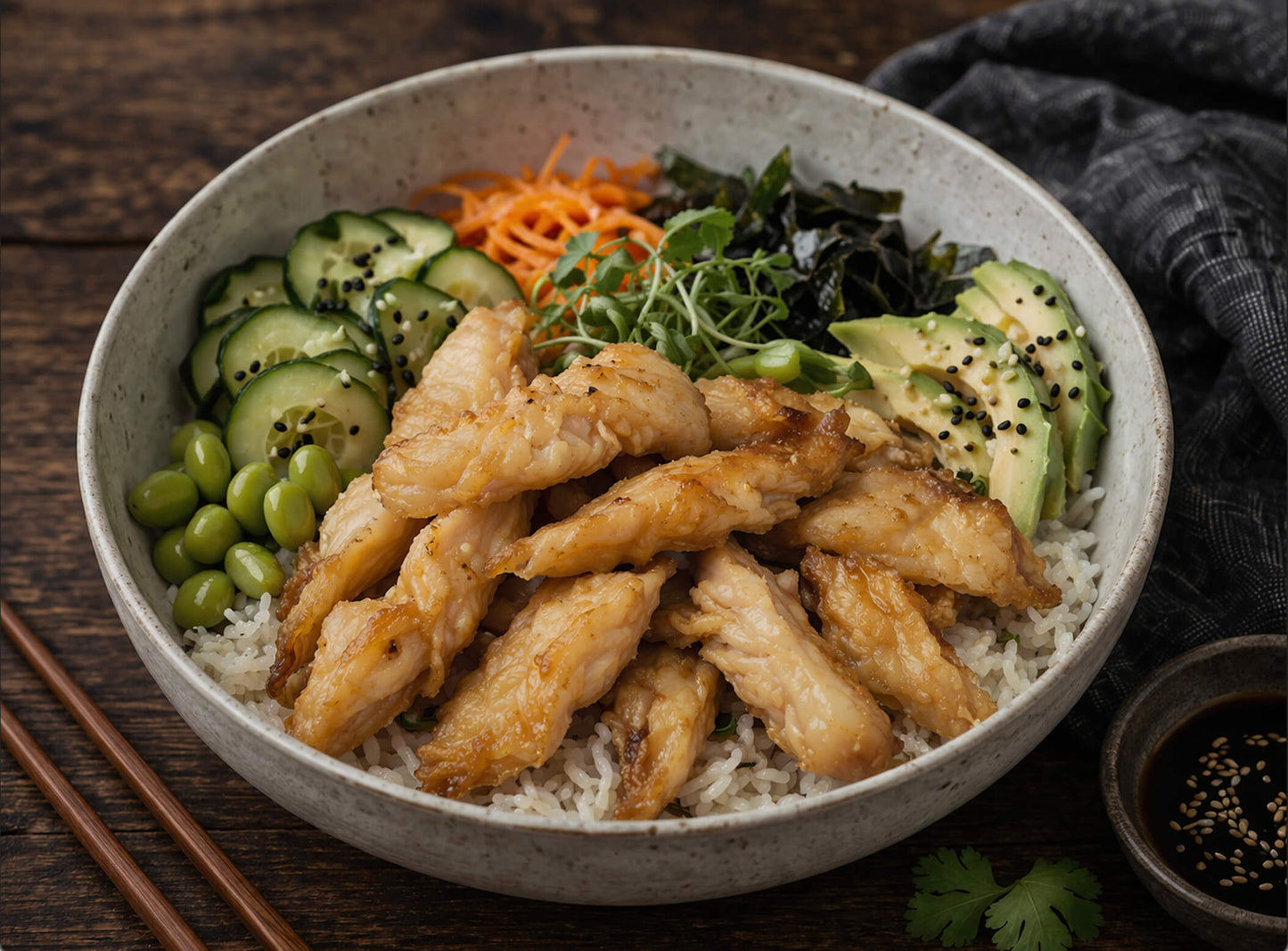 Smoked black cod rice bowl with avocado, cucumber, edamame, and vegetables, served on a rustic wooden table