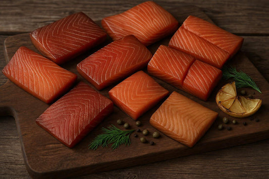 Five species of smoked Alaska salmon arranged on a rustic Kodiak-style board.