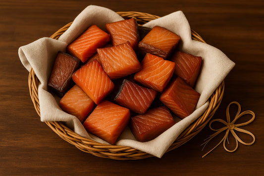 Smoked sockeye and coho salmon snack pieces arranged in a rustic basket.