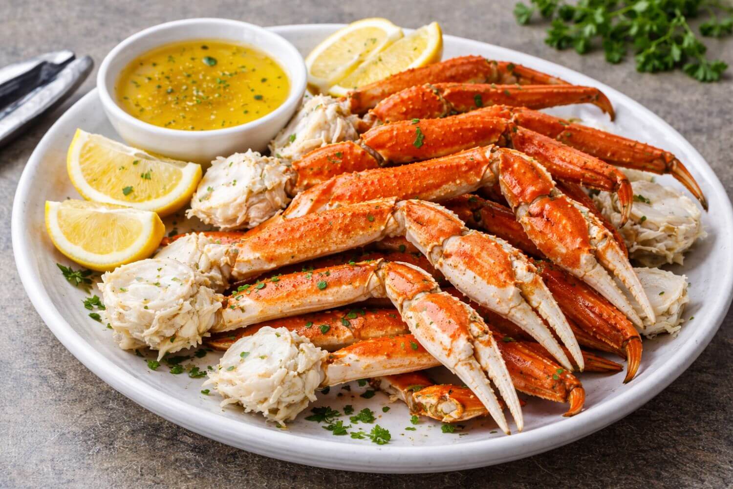 Platter of crab legs with lemon wedges and a dipping sauce on a gray surface.