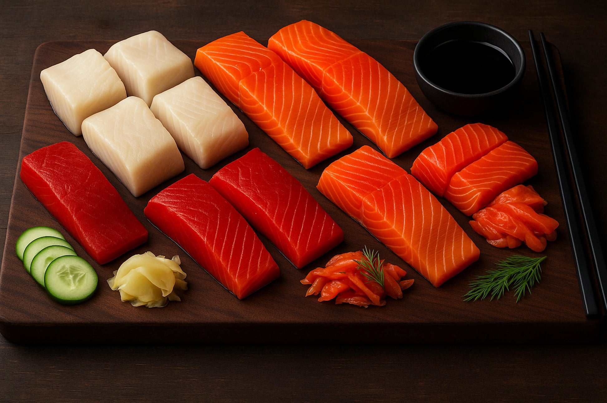Sushi-grade cuts of king salmon, black cod, sockeye, halibut, and coho gravlax arranged on a wood board with dipping sauce.