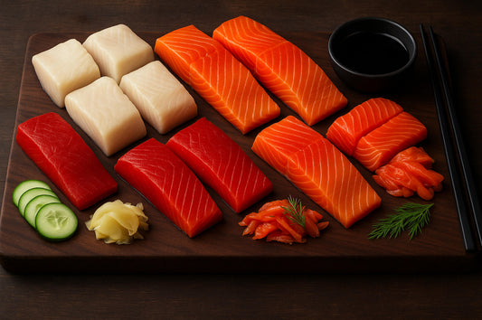 Sushi-grade cuts of king salmon, black cod, sockeye, halibut, and coho gravlax arranged on a wood board with dipping sauce.