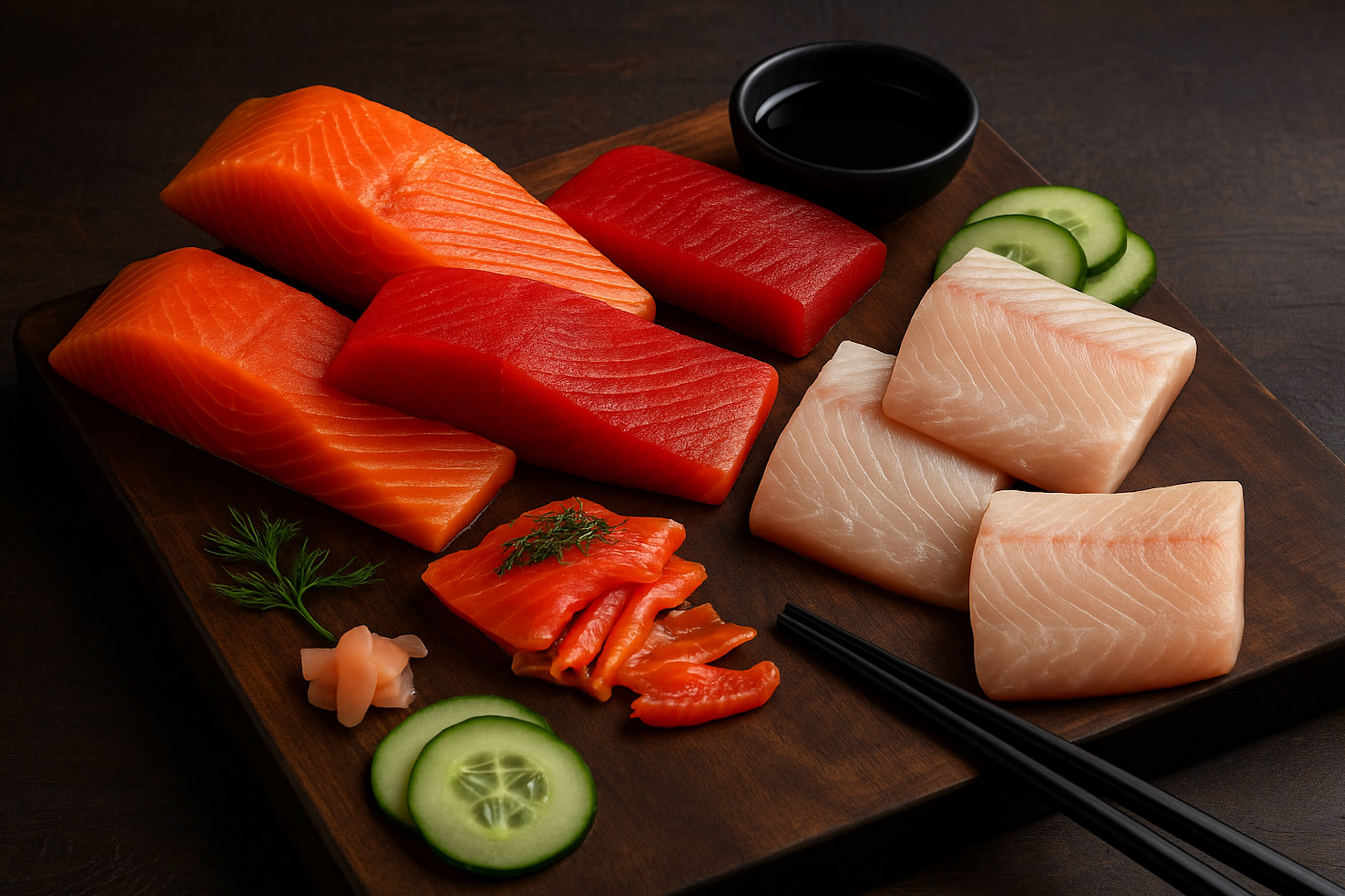 Sushi-grade wild Alaska fish cuts including King, Black Cod, Sockeye, and Silver Gravlax arranged on a board.