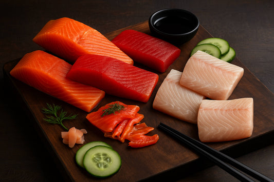 Sushi-grade wild Alaska fish cuts including King, Black Cod, Sockeye, and Silver Gravlax arranged on a board.