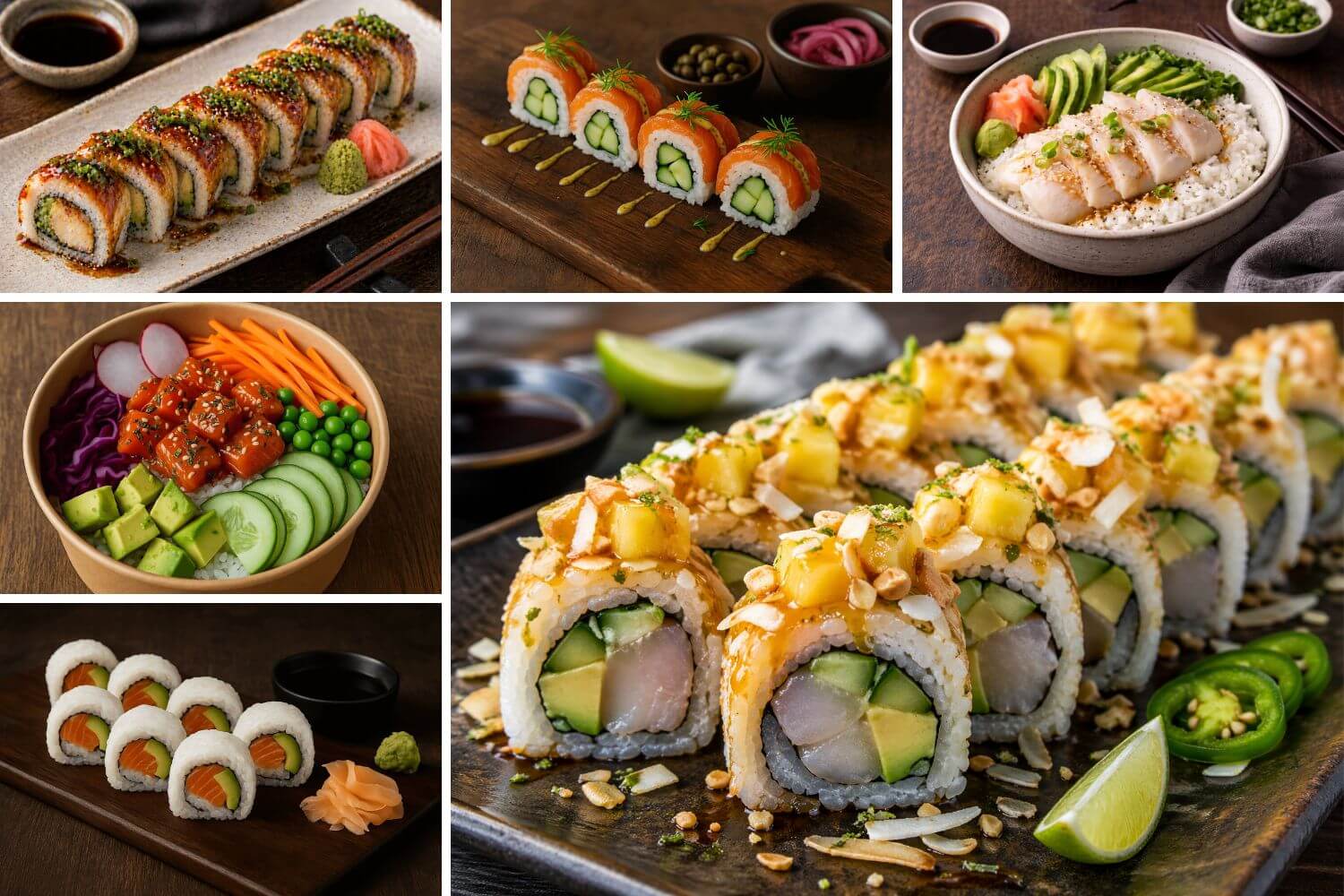 Collage of various sushi dishes with different types of rolls and garnishes.